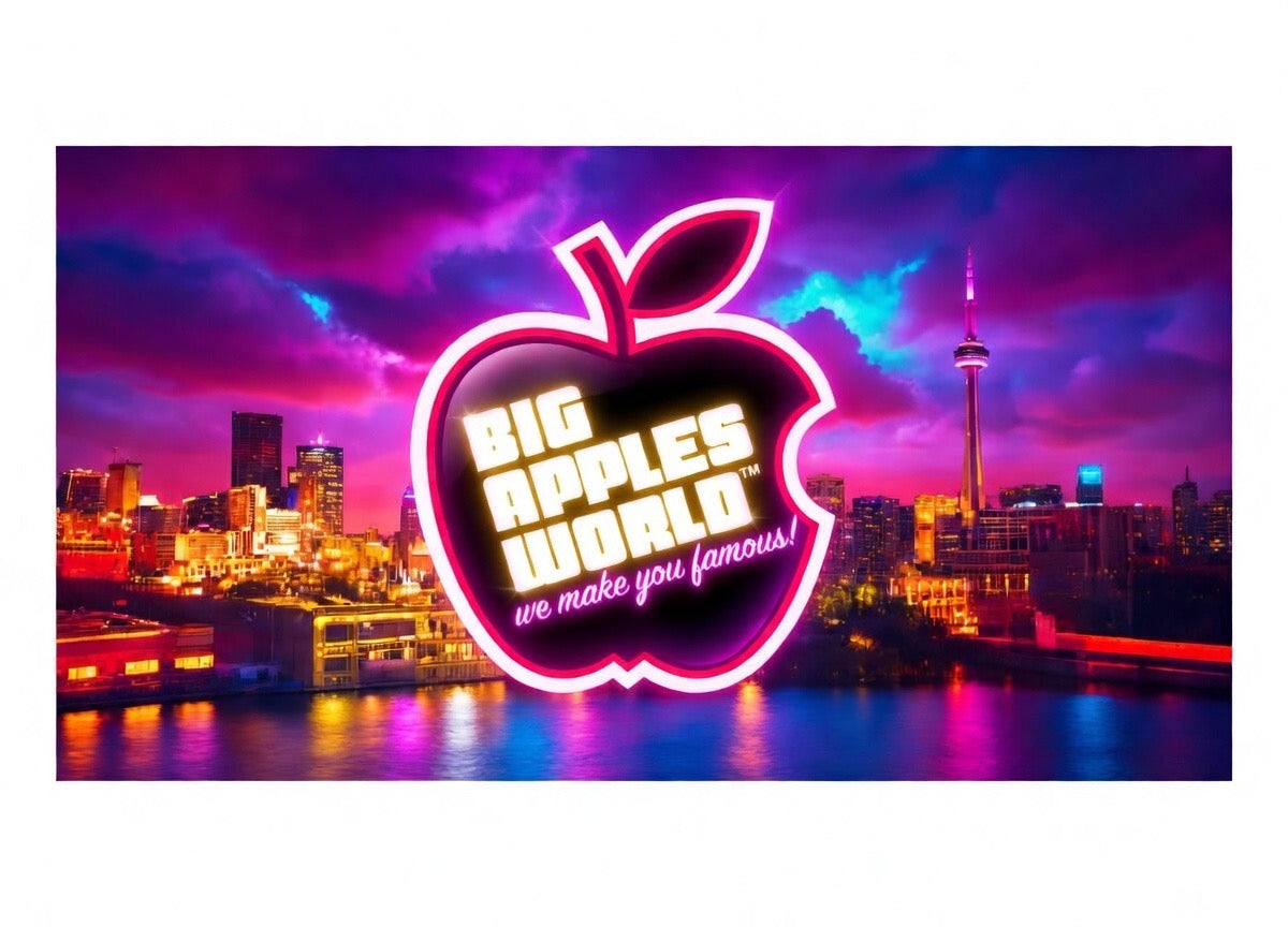 Neon sign with 'Big Apples World' logo against a city skyline at night.